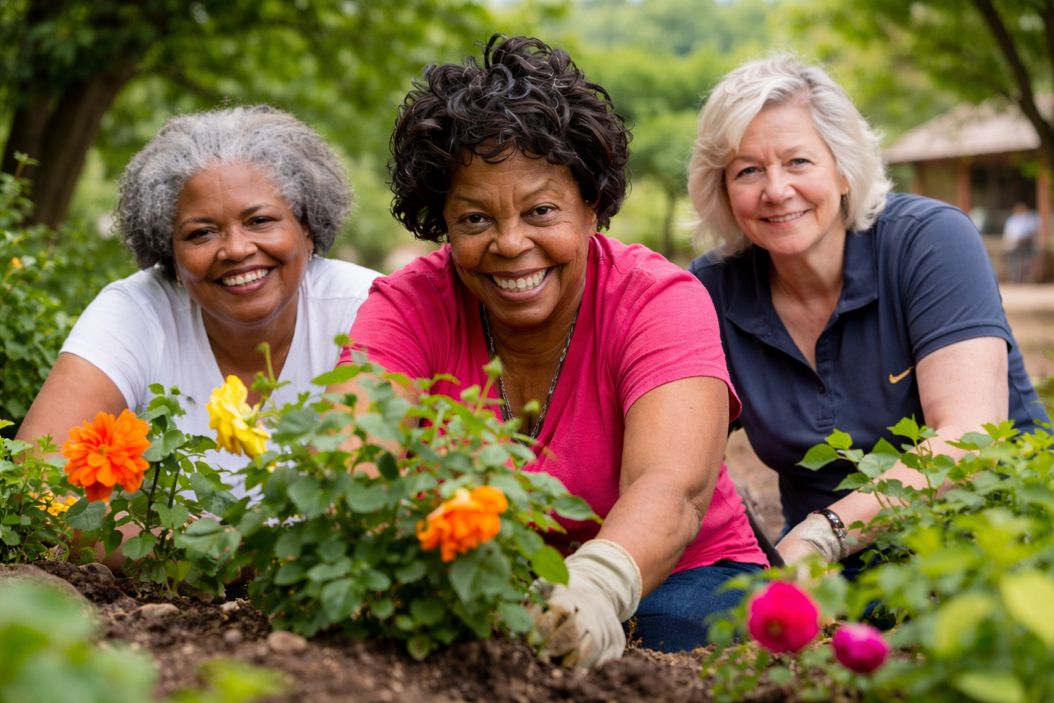 Gardening friends in a vibrant community garden